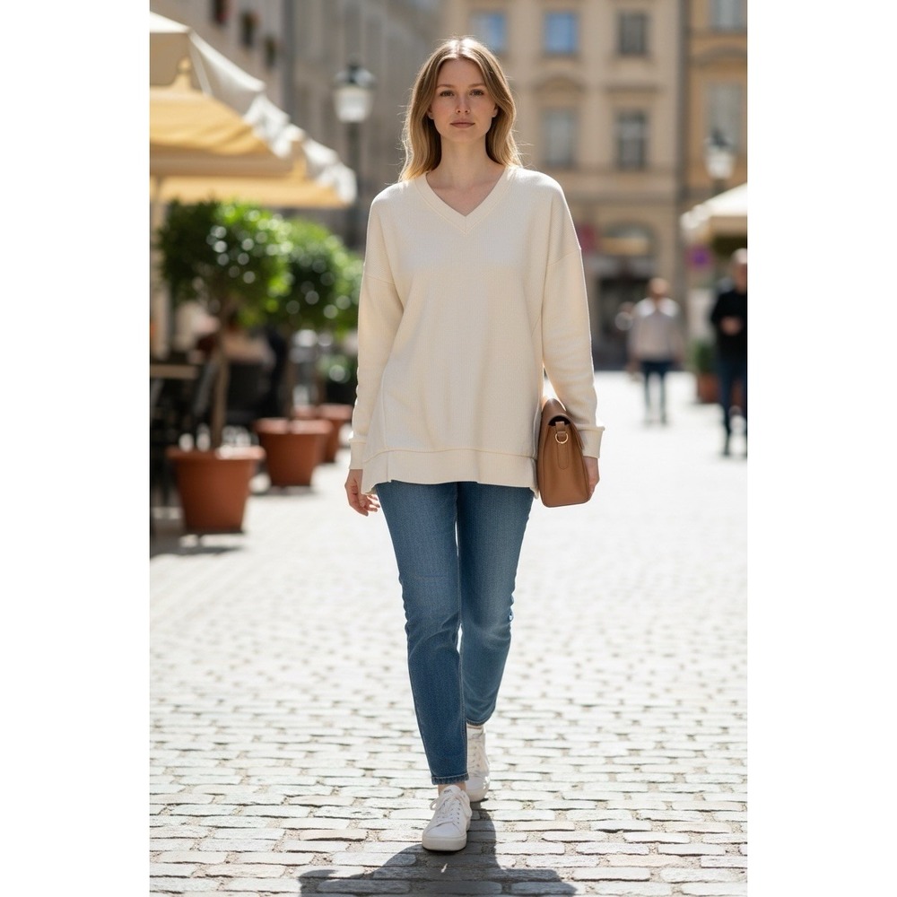 Marc New York Cream Ribbed V-Neck Tunic‎ Sweatshirt Top NWT Women's Large